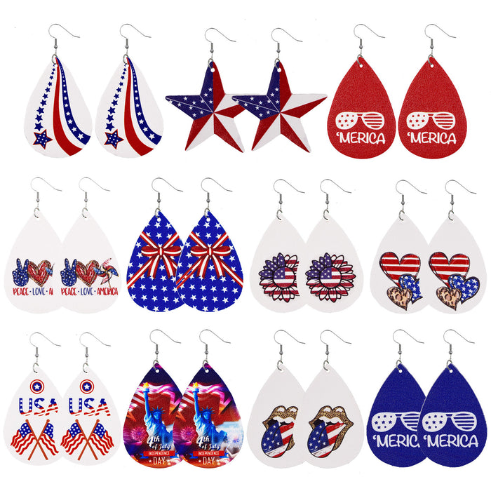 Wholesale 4th of July American Flag Leather Earrings Pentagram Independence Day Double Sided Print JDC-ES-Chengy020