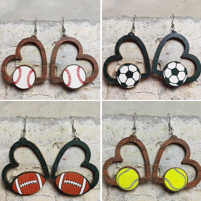 Wholesale Earrings Wooden Heart Shaped Hollow Soccer Volleyball Basketball 2 Pairs JDC-ES-HeYi079