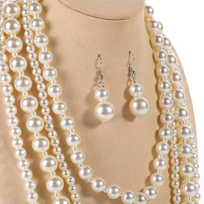 Wholesale pearl necklace Creative Vintage Multilayer Pearl Earrings Necklace Set JDC-NE-NanH002