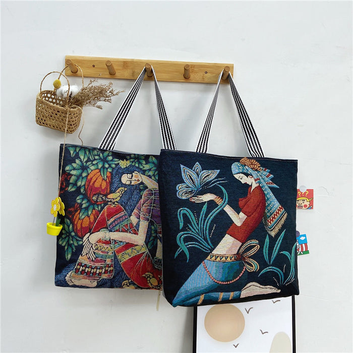 Wholesale Handbag Canvas Ethnic Style Retro Painted Shoulder Tote Bag MOQ≥2 JDC-HB-Weis001