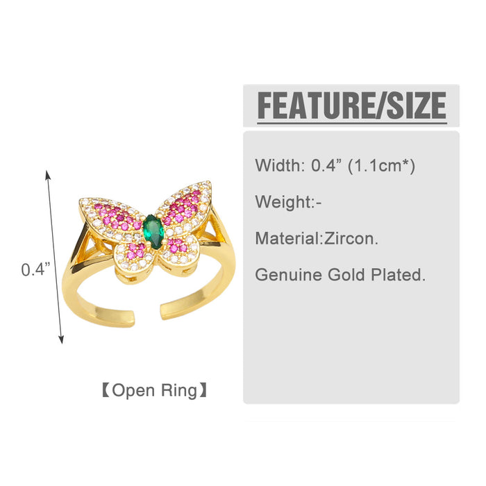 Wholesale Ring Copper Plated 18K Gold Zircon Color Butterfly Adjustable JDC-PREMAS-RS-020