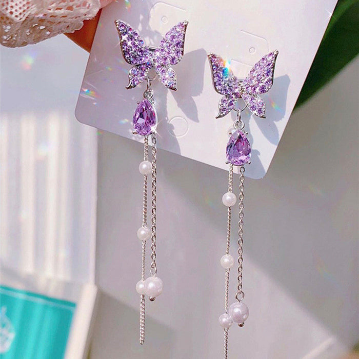 Wholesale Earrings Alloy Purple Butterfly Long Pearl Tassel JDC-ES-XingY002