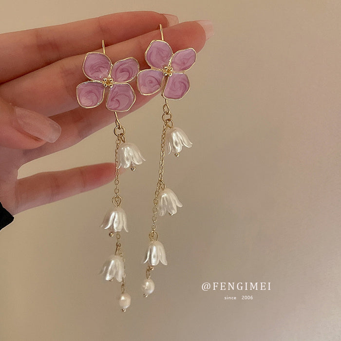 Wholesale crystal purple lily of the valley pearl tassel earrings JDC-ES-Fengm052