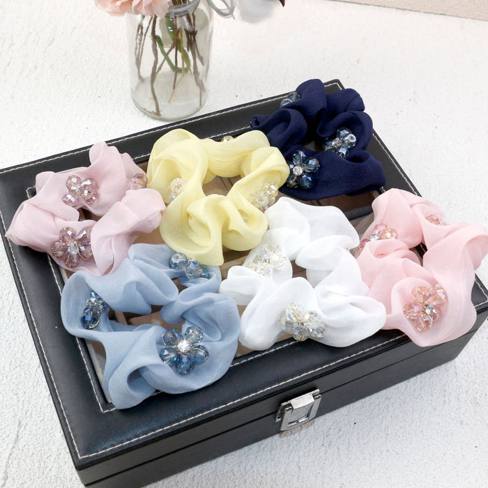 Wholesale Hair Scrunchies Gauze Premium Sense Beautiful Crystal Beads Flower JDC-HS-HMXS009