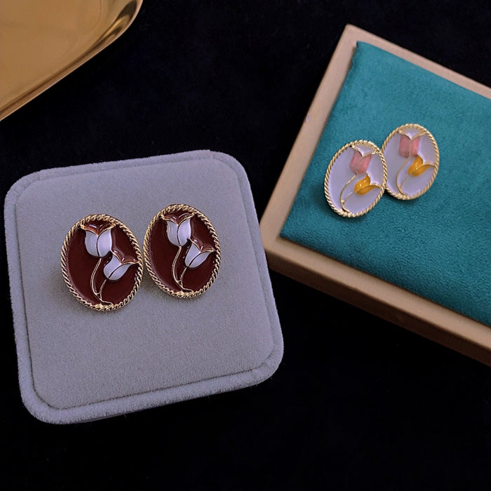 Wholesale Elegant Enamel Glaze Tulip Flower Stud Earrings JDC-ES-shuangx002