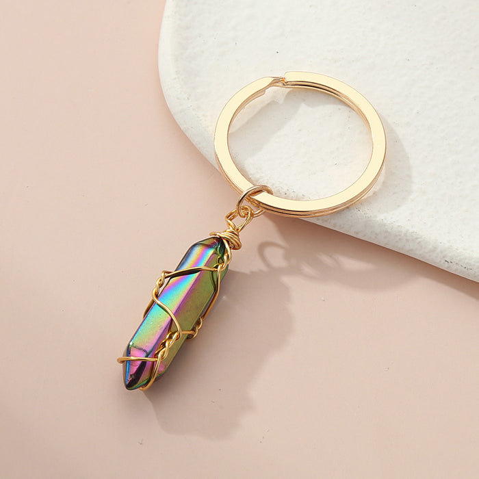 Wholesale10PCS/PACK Natural Crystal Stone Hexagon Pillar Binding Wire Crystal Keychain JDC-KC-XiangH007