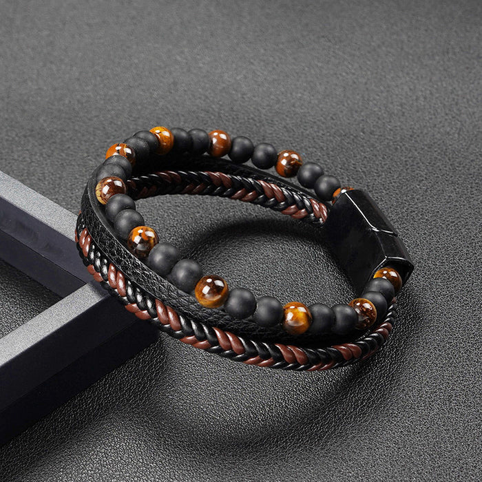 Wholesale Tiger Eye Stone Bead Bracelet Woven Multilayer Double Buckle Men JDC-BT-DiS003