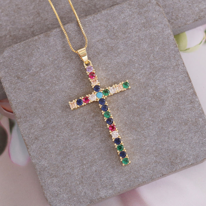 Wholesale Copper Micro Inlaid Zircon Cross Pendant Personality 18K Gold Necklace JDC-NE-Bingm021