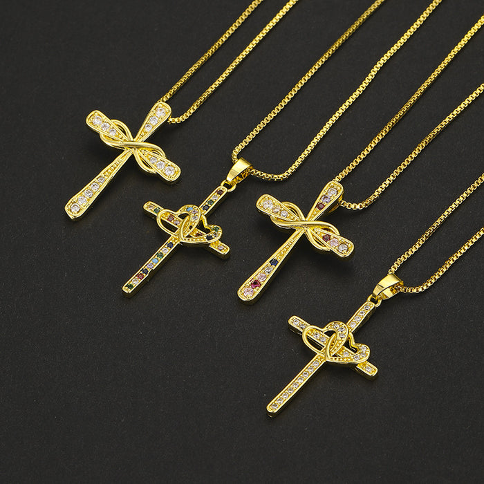 Wholesale Bow Cross Pendant Brass Gold Plated Micro Set Zircon JDC-NE-DRY001