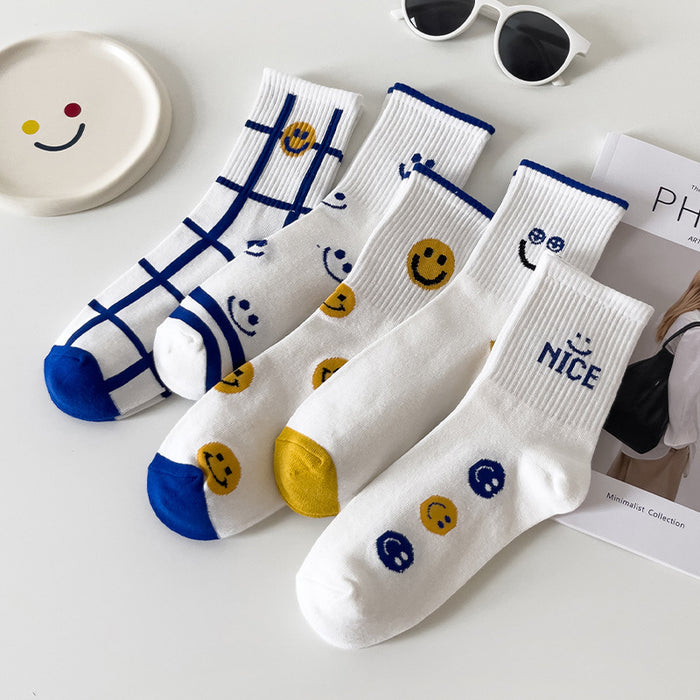 Wholesale Sock Cotton Sweat Absorbing Socks Blue and White Smiley MOQ≥2 JDC-SK-CYu019