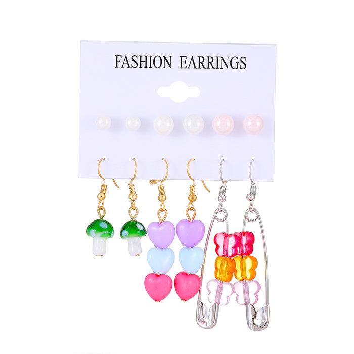 Wholesale Earrings Color Butterfly Love Pearl Flower Mushroom Earrings Six Piece Set JDC-ES-D660