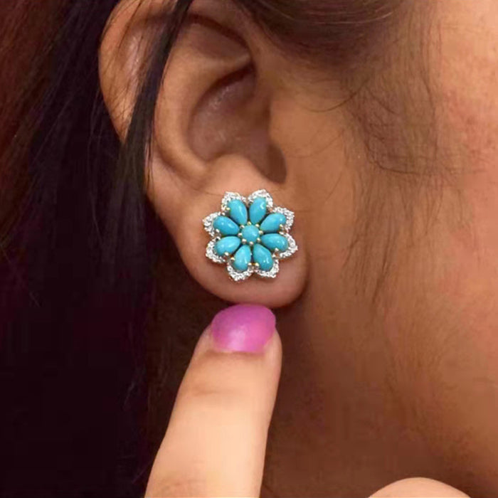 Wholesale Alloy Turquoise Earrings Flowers Diamonds MOQ≥2 JDC-ES-JYS020