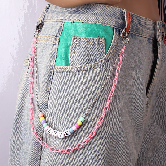 Wholesale Acrylic Alloy Letter Dice Double Layer Pants Chain MOQ≥2 JDC-WB-WenB004