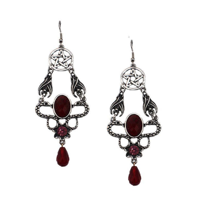 Jewelry WholesaleWholesale ancient silver double snake red glass water drop pentagram alloy earrings JDC-ES-YYFF006 Earrings 燕羽飞飞 %variant_option1% %variant_option2% %variant_option3%  Factory Price JoyasDeChina Joyas De China