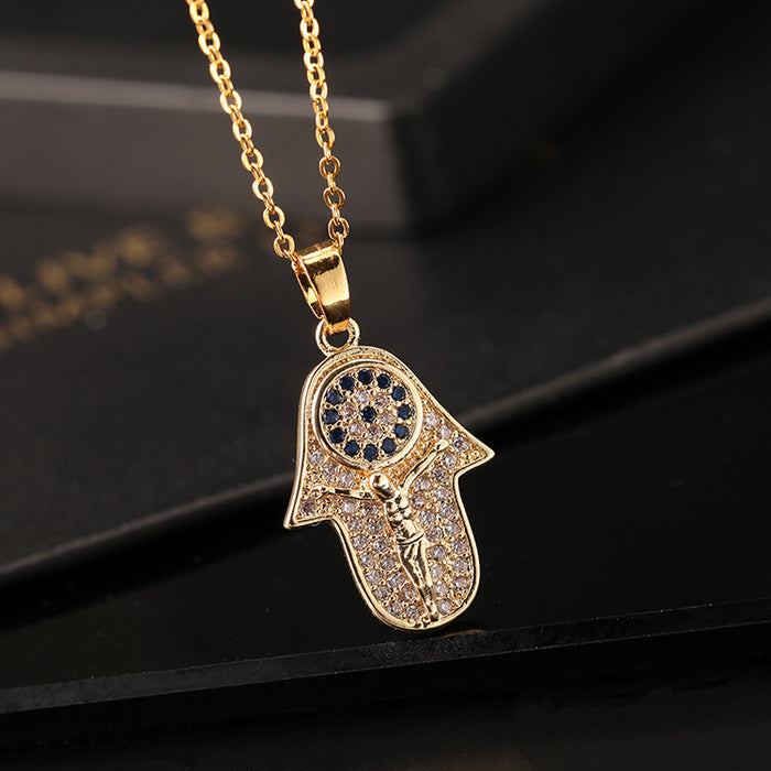 Wholesale Necklaces Copper Zircon Hand of Fatima Eye MOQ≥2 JDC-NE-ShangY016