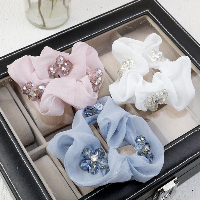 Wholesale Hair Scrunchies Gauze Premium Sense Beautiful Crystal Beads Flower JDC-HS-HMXS009