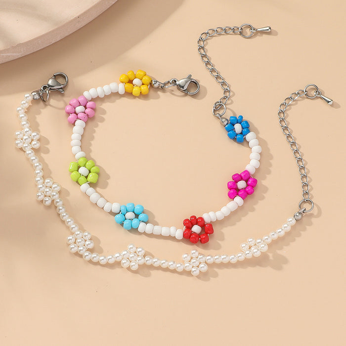 Wholesale Hand Woven Colorful Rice Beads Boho Color Flower Beaded Bracelet Two Piece Set MOQ≥2 JDC-BT-FanT001