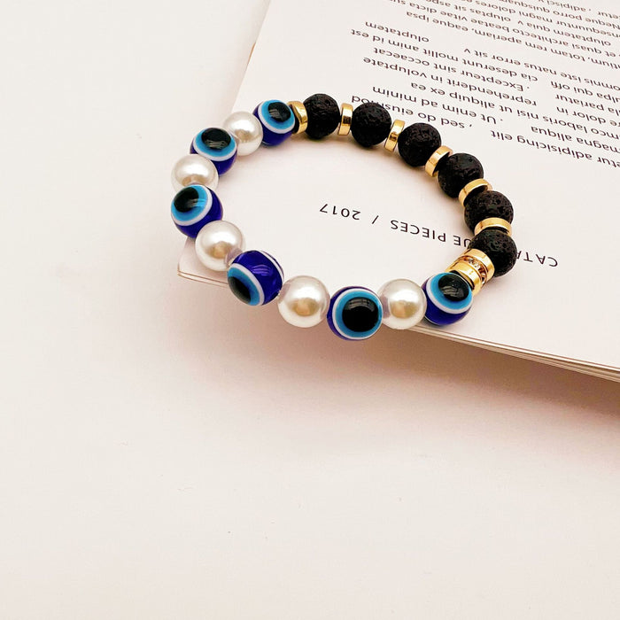 Wholesale blue eye volcanic stone loose bead elastic bracelet MOQ≥2  JDC-BT-QingH002