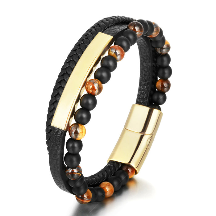 Wholesale tiger eye natural stone bead leather rope weaving Mens Leather Bracelet JDC-BT-ZiGe004