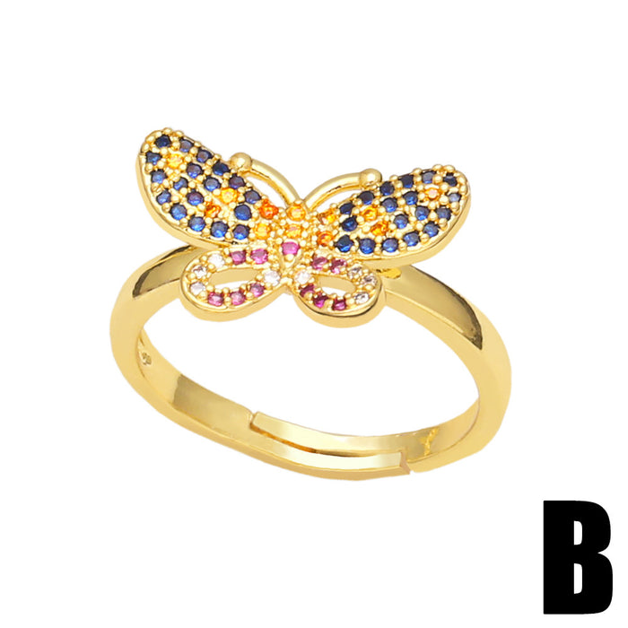 Wholesale Ring Copper Plated 18K Gold Zircon Color Butterfly Adjustable JDC-PREMAS-RS-020