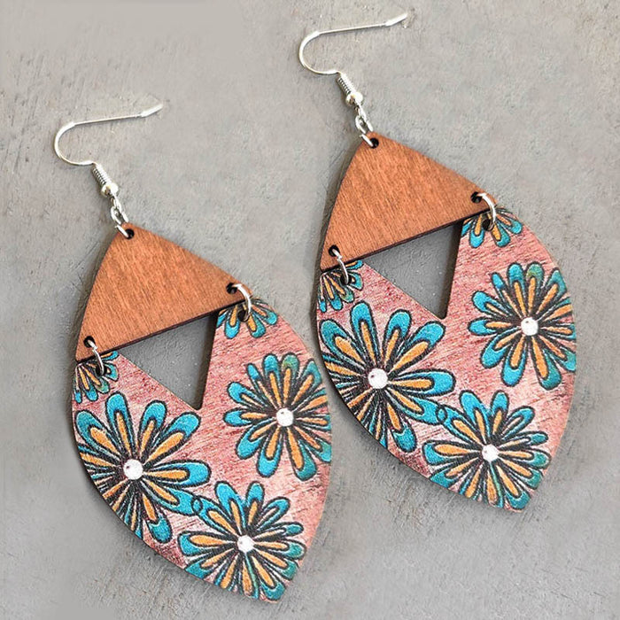 Wholesale Earrings Wooden Boho Sunflower Stripes Big Flower Earrings 2pcs JDC-ES-Heyi032