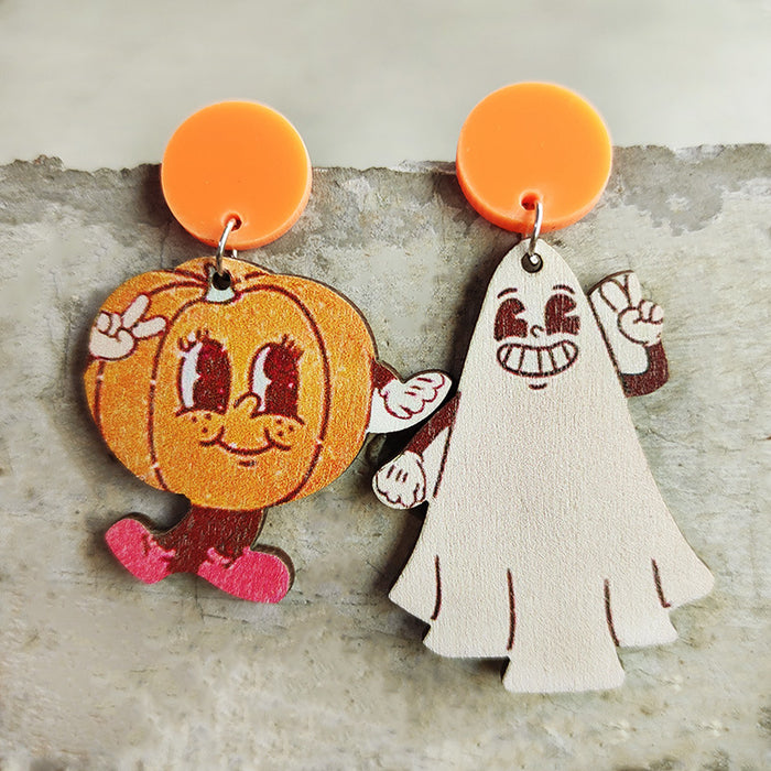 Wholesale Earrings Wooden Halloween Pumpkin Ghost Spider Colorful Flowers 2pcs JDC-ES-Heyi020