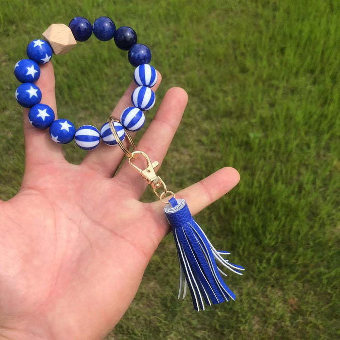 Wholesale Wooden Beaded American Flag Beaded Tassel Wristlet Keychain MOQ≥2 JDC-KC-QXue002