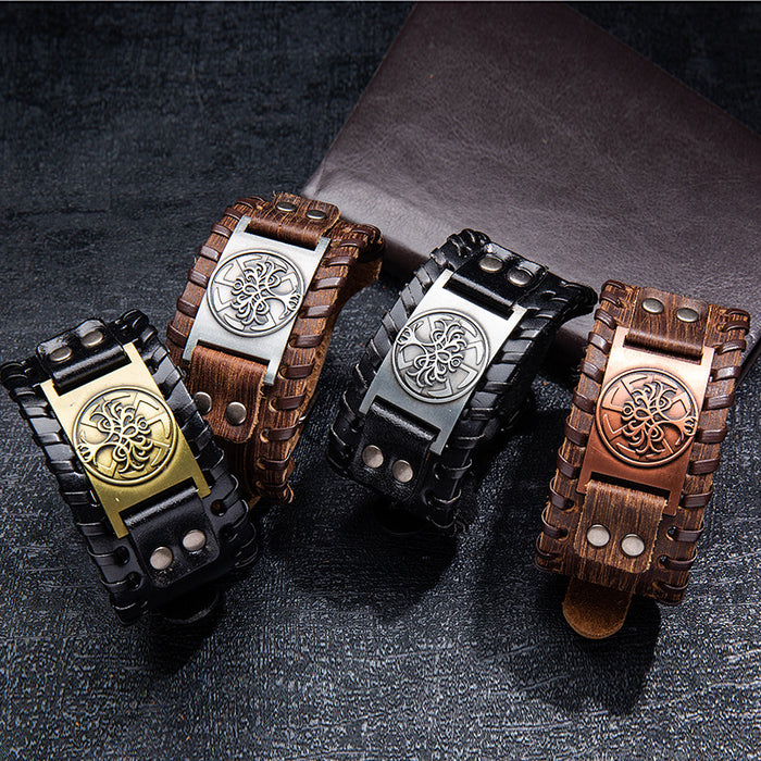 Wholesale Rune Wide Bark Tree Totem Alloy Leather Bracelet JDC-BT-BaB007