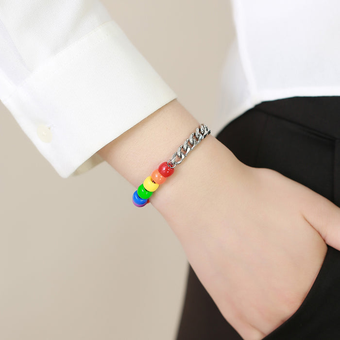 Wholesale LGBT Stainless Steel Acrylic Beaded Rainbow Stitching Personality Bracelet JDC-BT-QuanS006