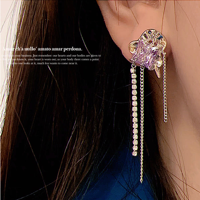 Wholesale Purple Square Zircon Crystal Chain Tassel Silver Needle Alloy Earrings JDC-ES-Qiant006