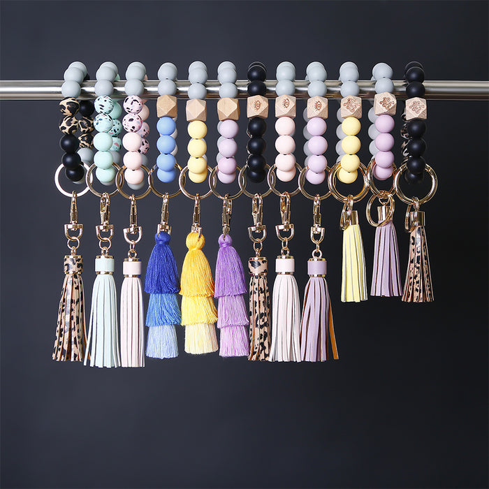 Jewelry WholesaleWholesale Skull Hairball Leather Tassel Silicone Beaded Wristlet Keychain JDC-KC-JM036 Keychains 杰米 %variant_option1% %variant_option2% %variant_option3%  Factory Price JoyasDeChina Joyas De China