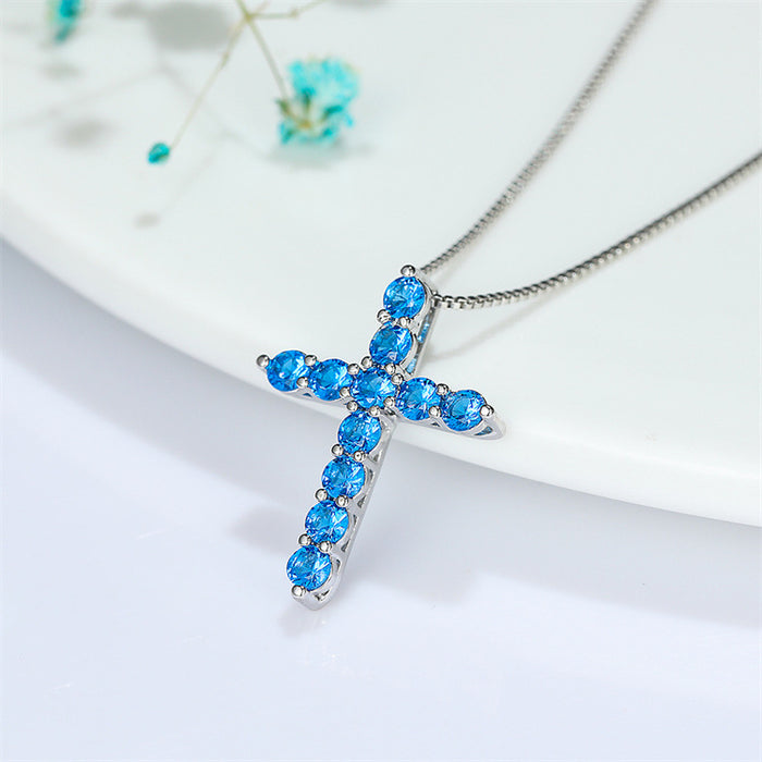 Wholesale Aqua Blue Birthstone Cross Pendant Necklace JDC-NE-ery002