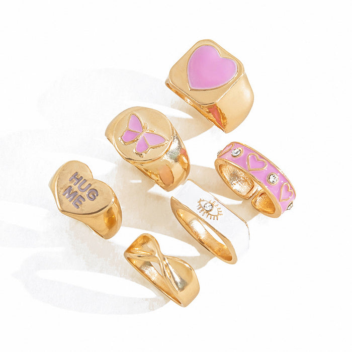 Wholesale Rings Alloy Exaggerated Heart Pink Butterfly Letters 6pcs Ring Set JDC-RS-Zhulong005