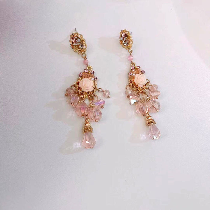 Jewelry WholesaleWholesale vintage pink rose flower crystal tassel pendant earrings JDC-ES-HanD001 Earrings 韩朵 %variant_option1% %variant_option2% %variant_option3%  Factory Price JoyasDeChina Joyas De China