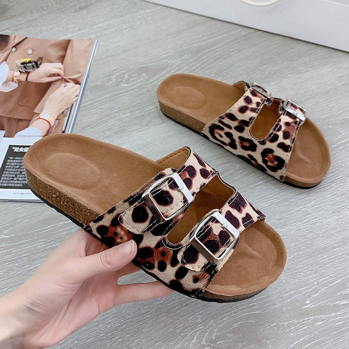 Wholesale Plus Size Cork Round Toe Trend Sequin Casual Flat Double Buckle Sandals JDC-SD-ChunC001