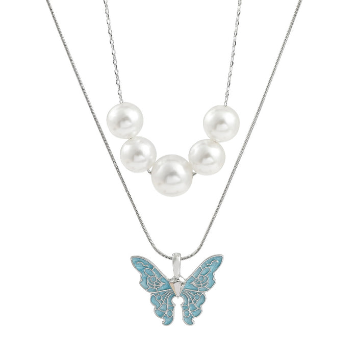 Wholesale Double Layer Butterfly Pearl Necklace Premium Enamel Pendant JDC-NE-kefeng002