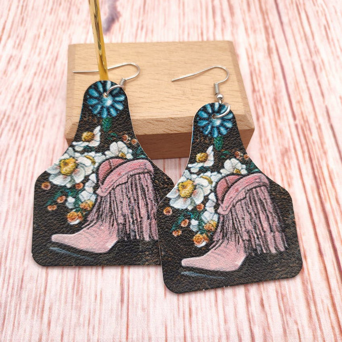 Wholesale Denim Fringe Boots Turquoise Flower Leather Earrings JDC-ES-KDL011