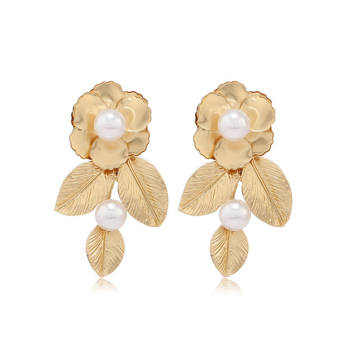 Wholesale Earrings Alloy Pearl Gold Plated Petals MOQ≥2 JDC-ES-KaiQ044