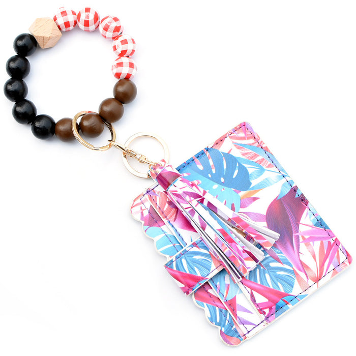 Wholesale Keychains Wooden Beads PU Leather Alloy Leopard Coin Purse Bag JDC-KC-MaoL002