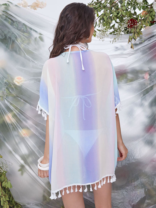 Wholesale beach style chiffon print rainbow striped kimono seaside blouse JDC-SW-Sma007