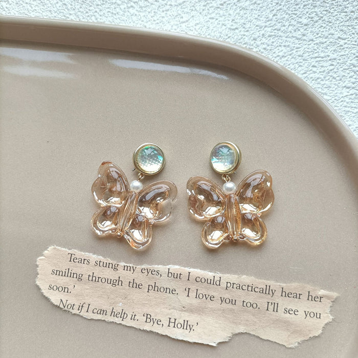 Jewelry WholesaleWholesale s925 silver transparent glass butterfly long pearl vintage earrings JDC-ES-MiH003 Earrings 米穗 %variant_option1% %variant_option2% %variant_option3%  Factory Price JoyasDeChina Joyas De China