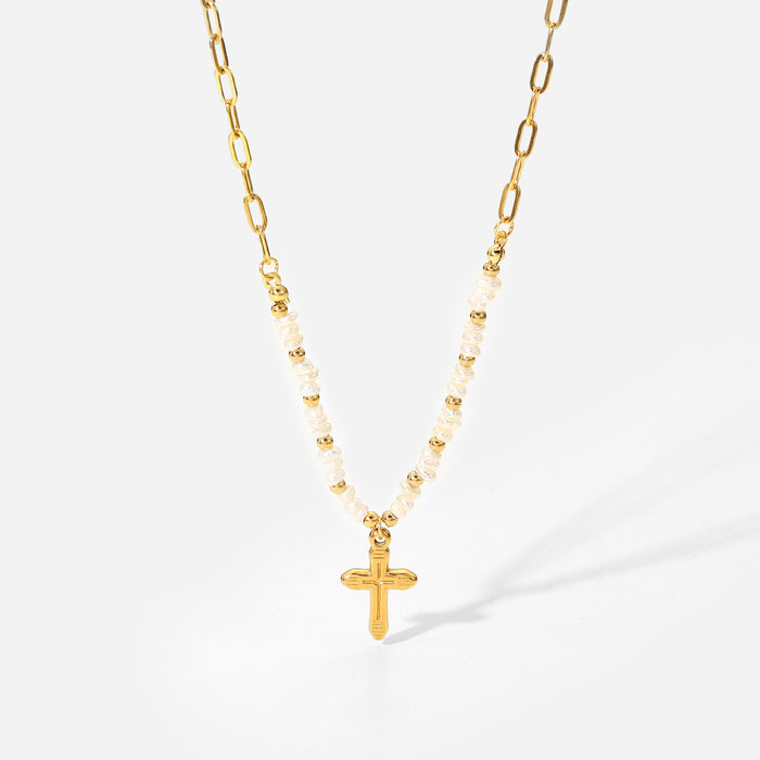 Jewelry WholesaleWholesale 18K Gold Cross Pendant Freshwater Rice Bead Stainless Steel Necklace JDC-NE-JD391 necklaces 杰鼎 %variant_option1% %variant_option2% %variant_option3%  Factory Price JoyasDeChina Joyas De China