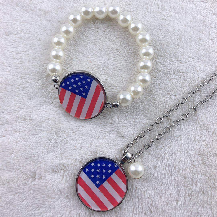 Wholesale 4th of July Independence Day American Flag Alloy Necklace Bracelet Keychain Set MOQ≥2 JDC-BT-ZhiY001