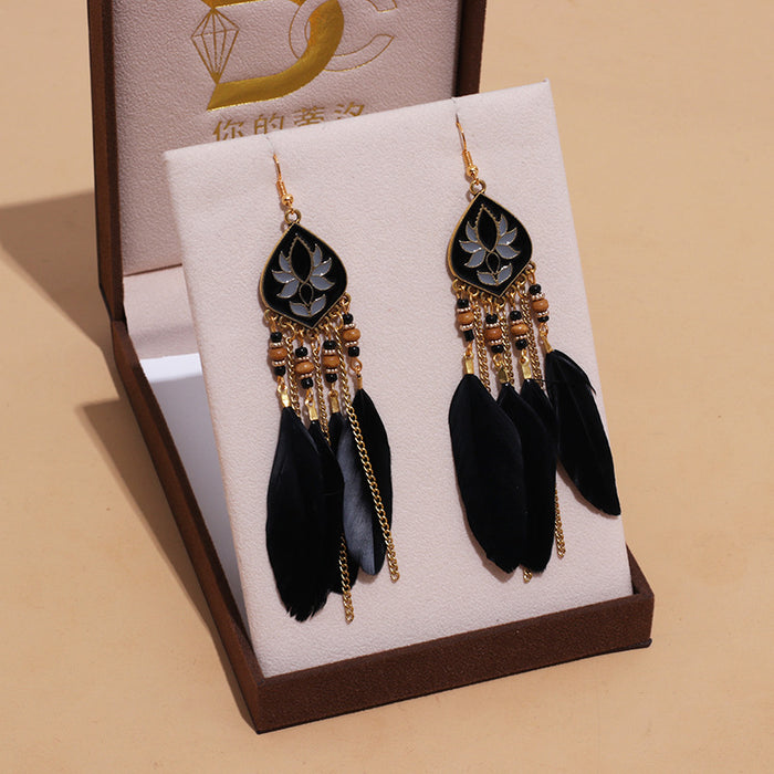 Wholesale Earrings Alloy Retro Long Feather Beads Rhombus Tassel JDC-ES-YYDX004