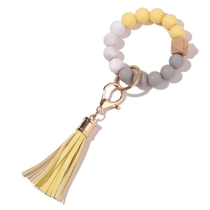 Jewelry WholesaleWholesale Silicone Bead Bracelet Wooden Bead Tassel Keychain JDC-KC-JinHan001 Keychains 金涵 %variant_option1% %variant_option2% %variant_option3%  Factory Price JoyasDeChina Joyas De China