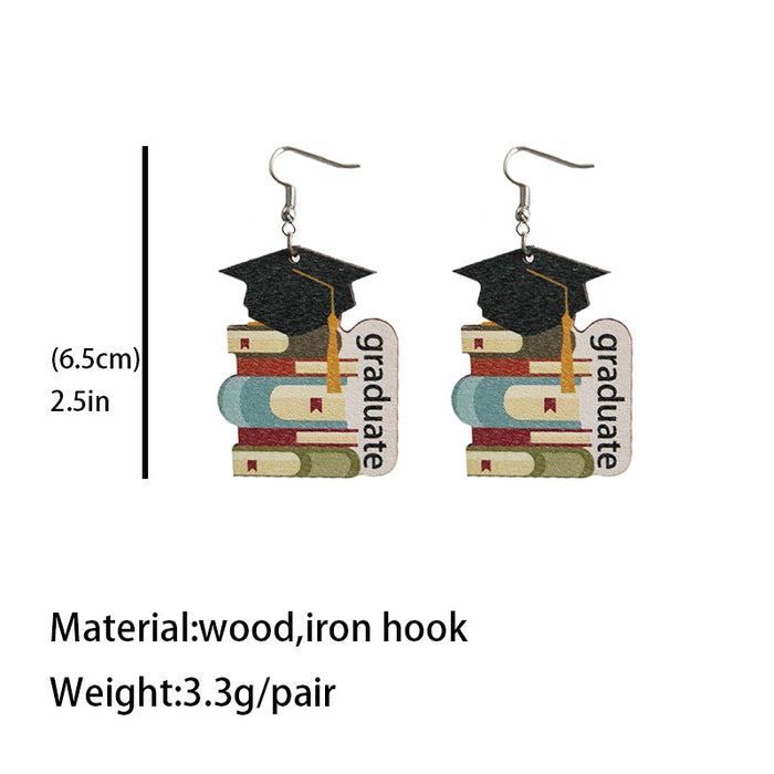 Wholesale Earrings Wooden Teacher's Day Cute Book Graduation Caps 3 Pairs JDC-ES-Heyi054