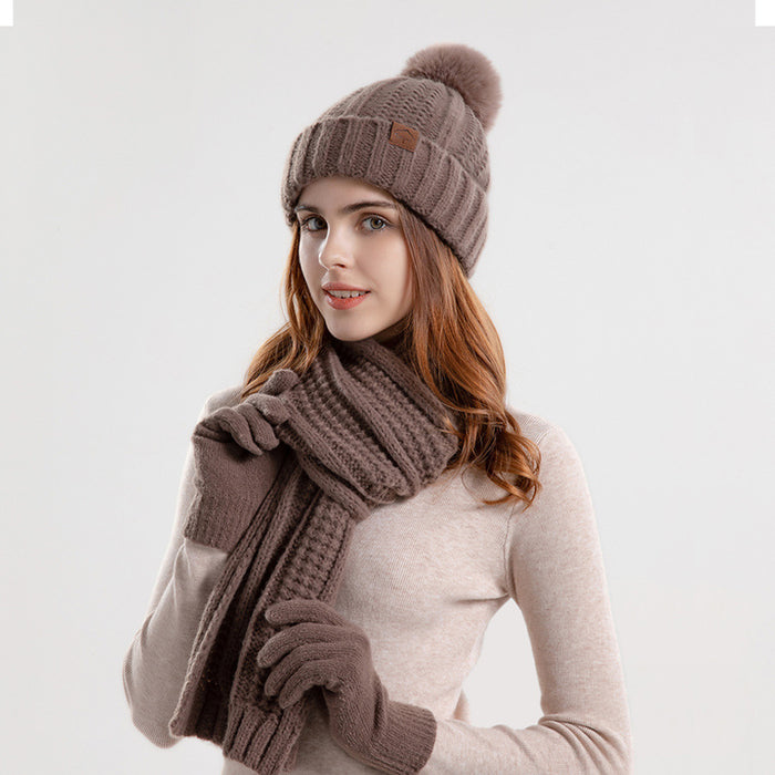 Wholesale Hat Acrylic Winter Solid Color Plus Fleece Knitted Scarf Gloves 3pcs Set JDC-FH-BG022