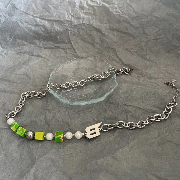 Wholesale Necklace Titanium Steel Green Beaded Pearl Stitching Letter Necklace Bracelet JDC-NE-GM001