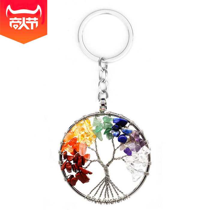 Wholesale 7 Color Stone Natural Crystal Gravel Tree of Life Keychain JDC-KC-Xinyue001