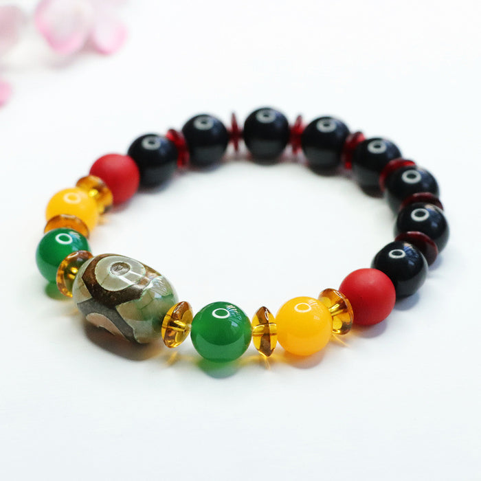 Wholesale Three Eyed Dzi Beads Black Agate Chrysoprase Bracelet Jewelry JDC-BT-JuanY003